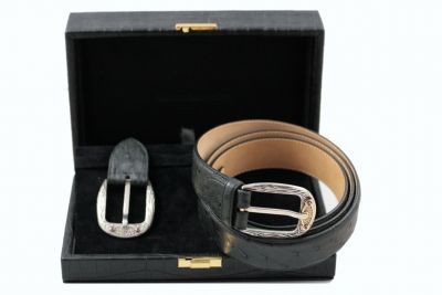 Belt Urso in black Ostrich skin and two Buckles URSO