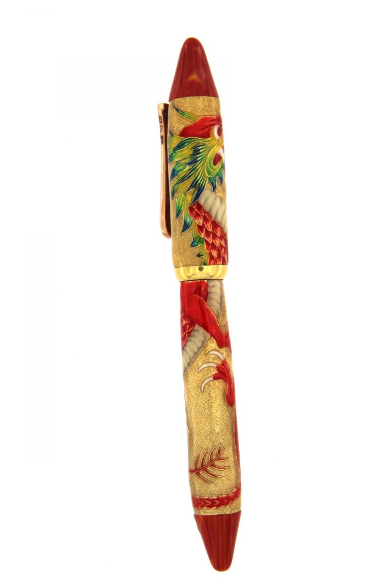 FOUNTAIN PEN DRAGON IN SOLID SILVER 925 GOLD PLATED AND RED SAPPHIRES