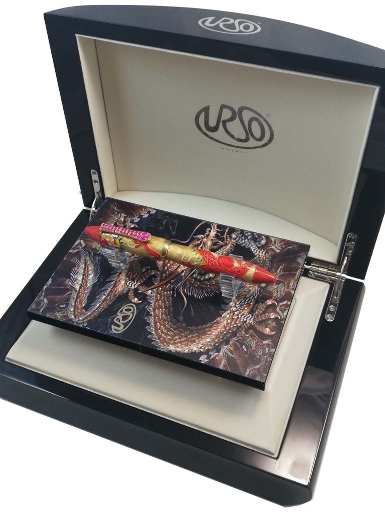 FOUNTAIN PEN DRAGON IN SOLID SILVER 925 GOLD PLATED AND RED SAPPHIRES