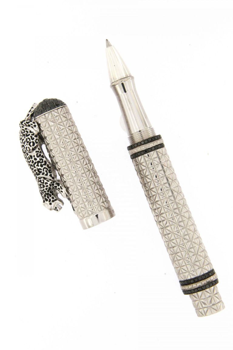 ROLLER BALL  LEOPARD  IN STERLING SILVER ANTIOXIDANT AND BLACK DIAMONDS