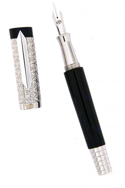 FOUNTAIN PEN  ASCOT IN STERLING SILVER ANTIOXIDANT AND RESIN BLUE DEEP URSO