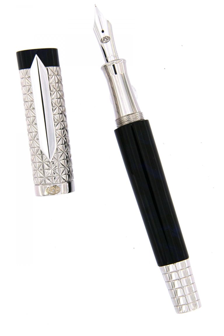 FOUNTAIN PEN  ASCOT IN STERLING SILVER ANTIOXIDANT AND RESIN BLUE DEEP