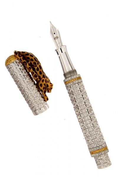 FOUNTAIN PEN  LEOPARD  IN STERLING SILVER ANTIOXIDANT AND YELLOW SAPPHIRES URSO