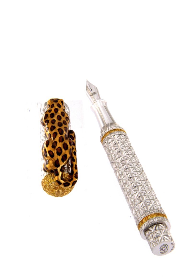 FOUNTAIN PEN  LEOPARD  IN STERLING SILVER ANTIOXIDANT AND YELLOW SAPPHIRES