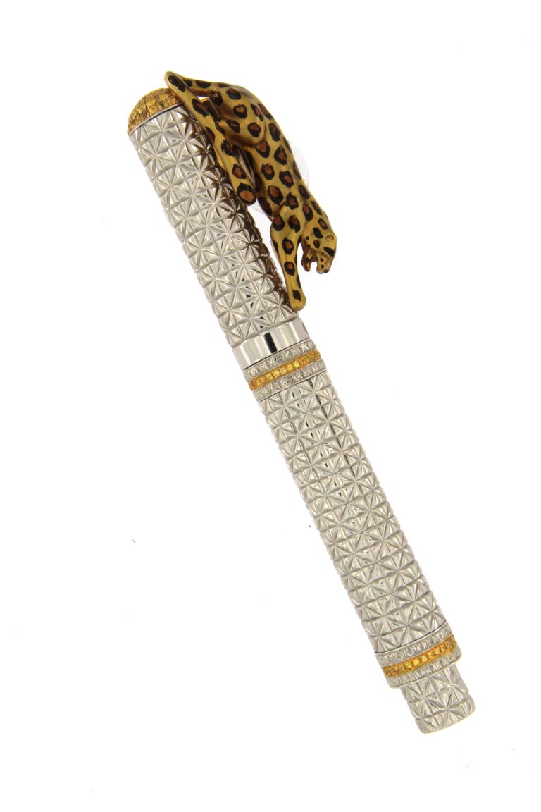 FOUNTAIN PEN  LEOPARD  IN STERLING SILVER ANTIOXIDANT AND YELLOW SAPPHIRES