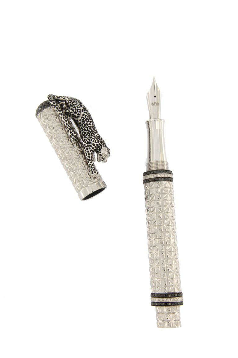 FOUNTAIN PEN  LEOPARD  IN STERLING SILVER PALLADIUM AND BLACK DIAMONDS ANTIOXIDANT