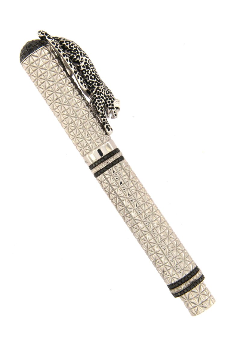 FOUNTAIN PEN  LEOPARD  IN STERLING SILVER PALLADIUM AND BLACK DIAMONDS ANTIOXIDANT