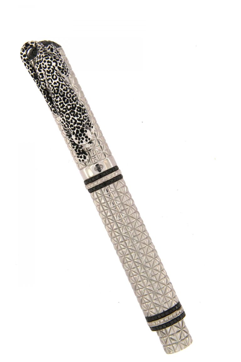 FOUNTAIN PEN  LEOPARD  IN STERLING SILVER PALLADIUM AND BLACK DIAMONDS ANTIOXIDANT