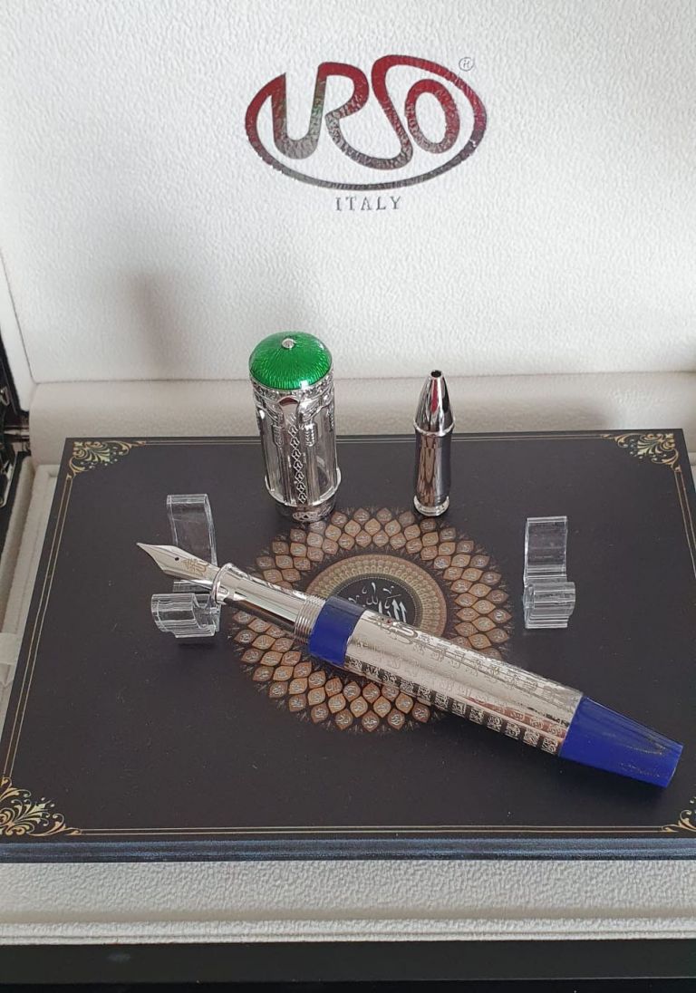 99 NAMES OF ALLAH FOUNTAIN PEN AND ROLLER BALL WITH CLIP IN STERLING SILVER AND ENAMELS