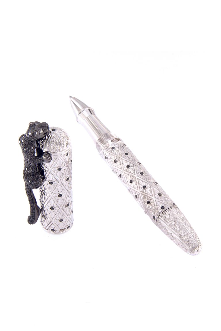 ROLLER BALL  LEOPARD  IN STERLING SILVER ANTIOXIDANT AND BLACK DIAMONDS, ONLY ONE PIECE LEFT