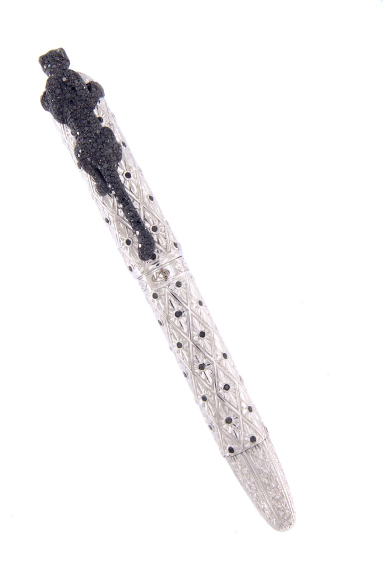 FOUNTAIN PEN  LEOPARD  IN STERLING SILVER ANTIOXIDANT AND BLACK DIAMONDS