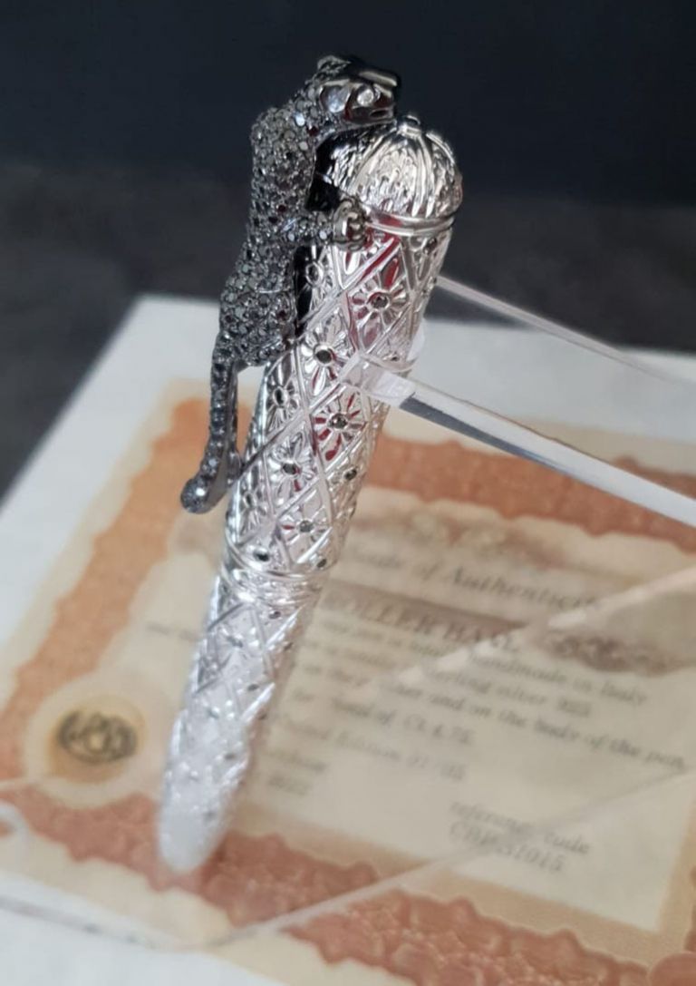 FOUNTAIN PEN  LEOPARD  IN STERLING SILVER ANTIOXIDANT AND BLACK DIAMONDS