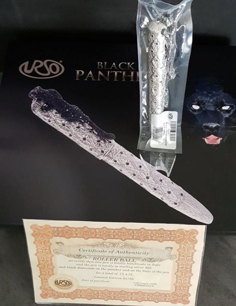 FOUNTAIN PEN  LEOPARD  IN STERLING SILVER ANTIOXIDANT AND BLACK DIAMONDS