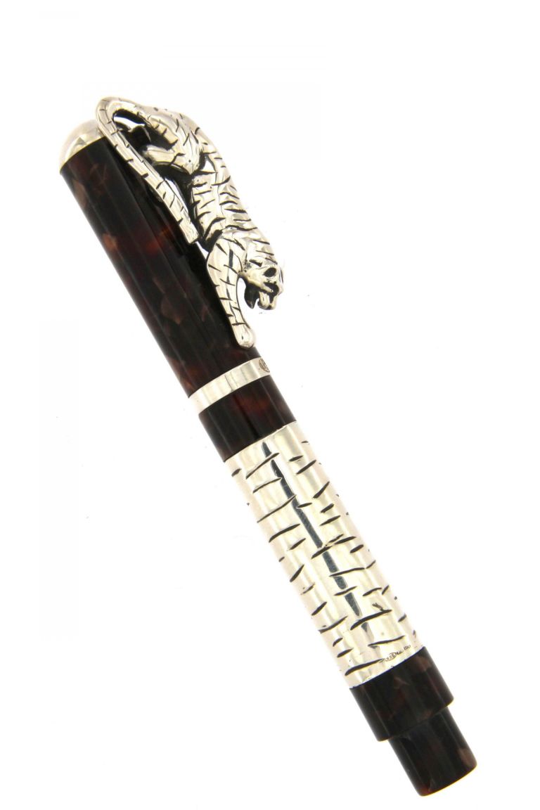 FOUNTAIN PEN WHITE TIGER IN STERLING SILVER AND DIAMOND BROWN