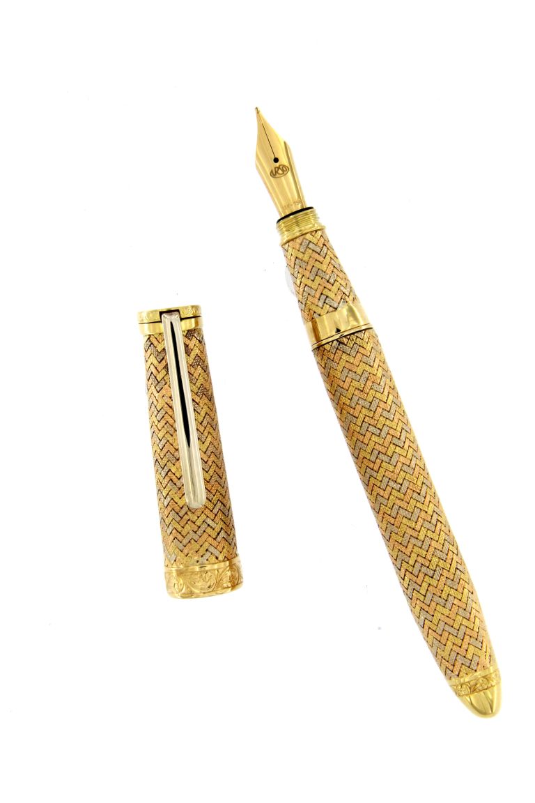 ARABESQUE FOUNTAIN PEN IN YELLO WHITE AND RED SOLID GOLD 18KT